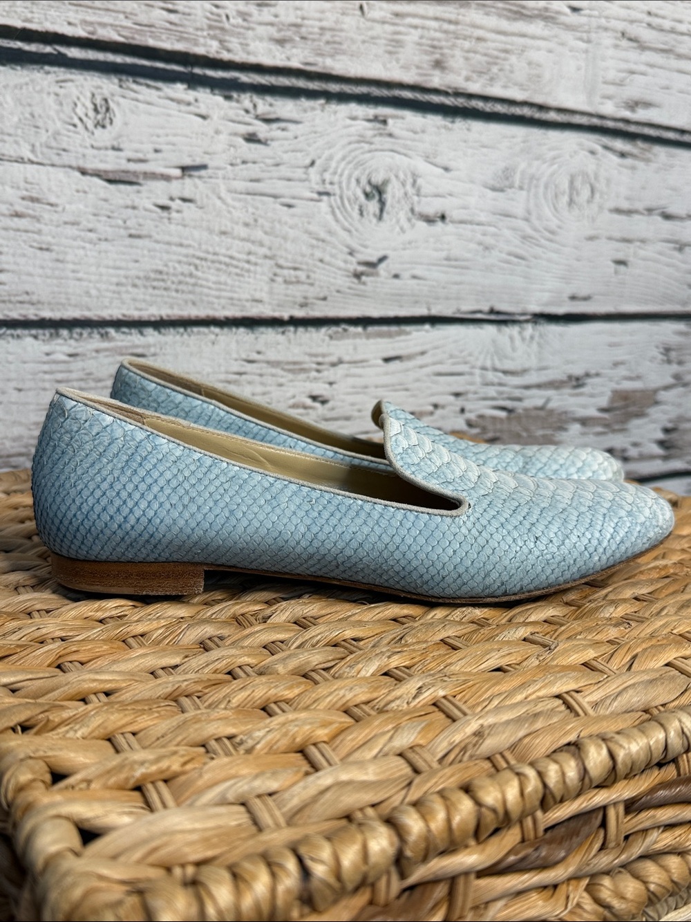 M. gemi Light Blue Women’s Slip-On leather snake embossed smoking Loafers
